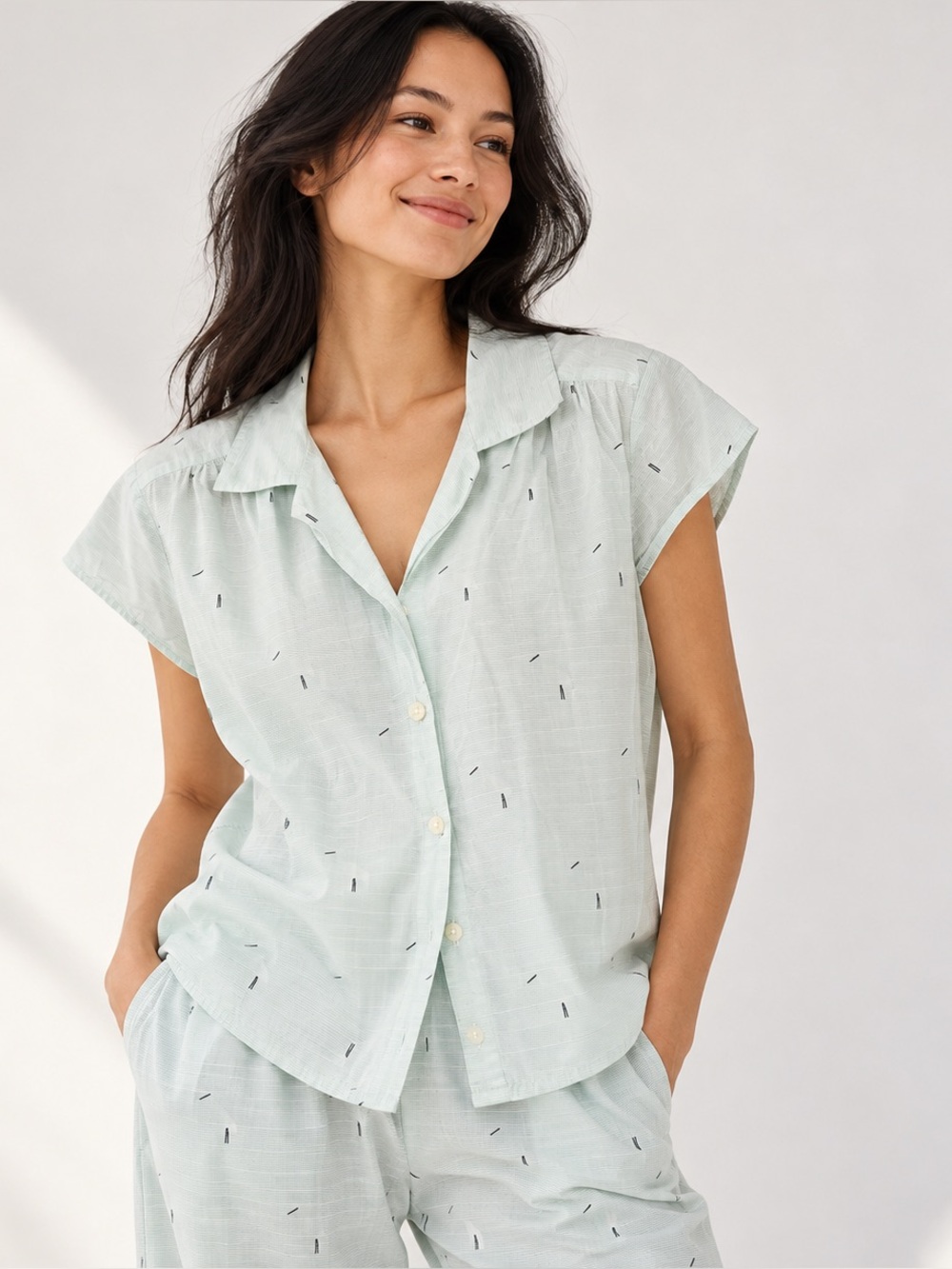 The Cat’s Pajamas Cotton Pajama Top Mint Green Button Down Shirt Sz Medium